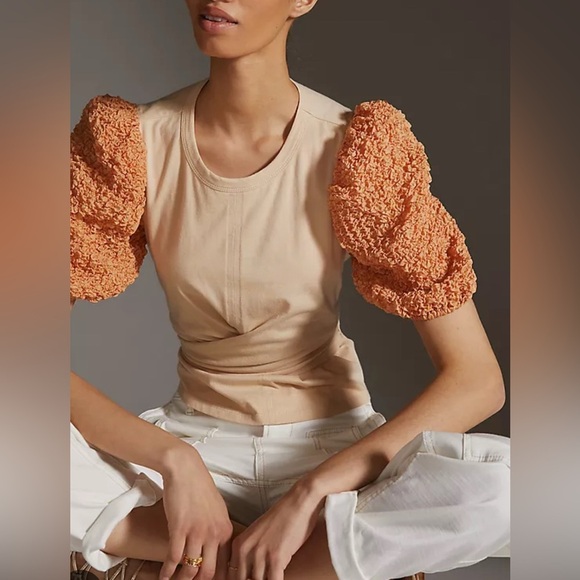 NEWAnthropologie current air contrast puff sleeves tie top white Medium - Picture 3 of 8